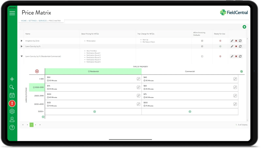 Lawn Care Irrigation Price matrix mock-up